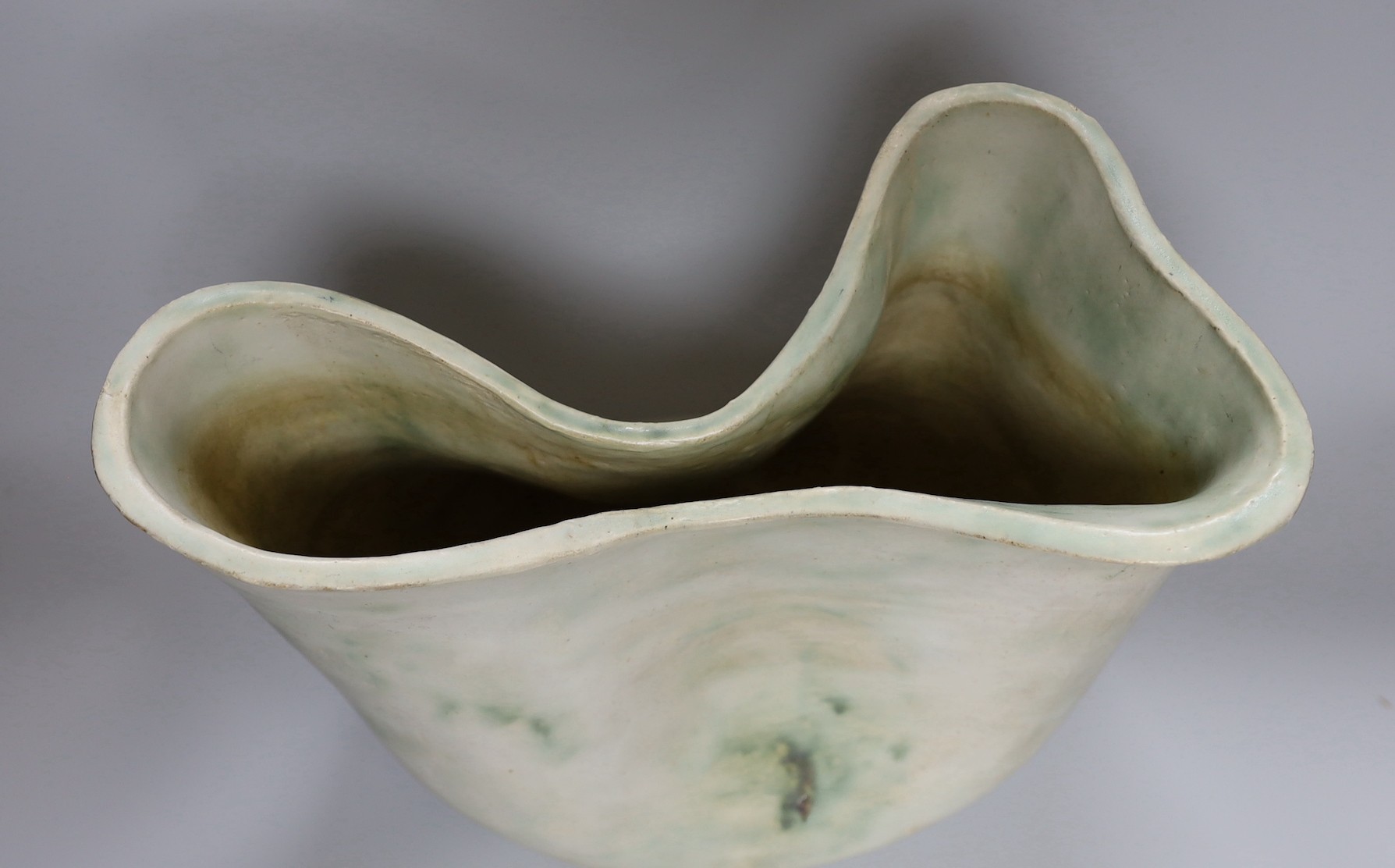 Ruth Sulke - a large studio stoneware white and green glazed free-form vase, 31cm